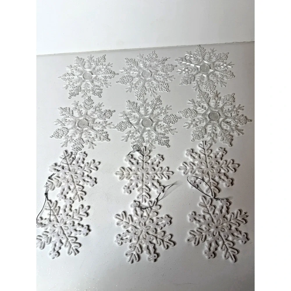 Lot 12 Snowflake Christmas Ornaments White Clear & Opaque Glitter Plastic Winter